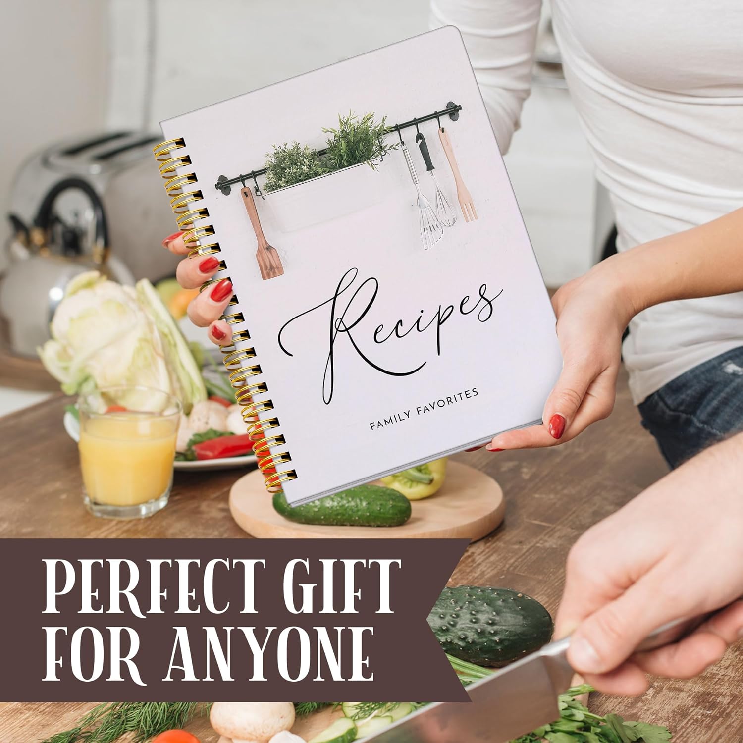 Recipe Notebook (8.5 x 11) – Spiral Recipe Journal to Write Your Own Recipes, 147 Fixed Pages, Lay-Flat Design, Table of Contents, Pocket, Stickers, Gift-Ready Box (White)