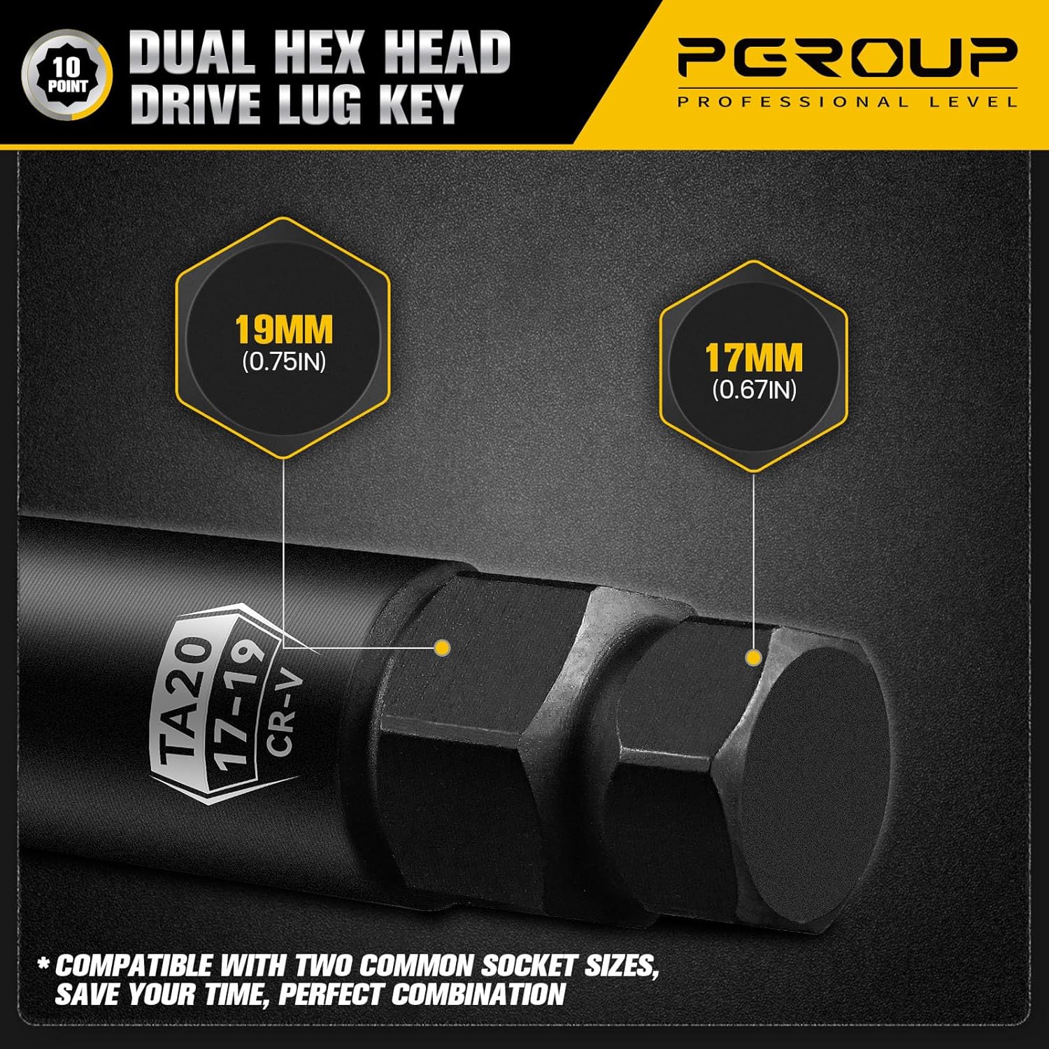 10 Spline Lug Nut Key, TA20-17/19 Socket,Lug Nut Removal Tool Of 17mm & 19mm Hex Drive, Wheel Replacement Key To Double-Hex Heads, Cr-V Steel