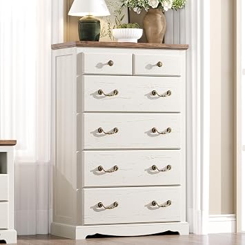LUXOAK Farmhouse 6 Chest of Drawers for Bedroom, 48" Tall Wood Dresser with Bronze Retro Handles & 3D Drawer Fronts, Closet Dresser for Bedroom, Hallway, Antique White