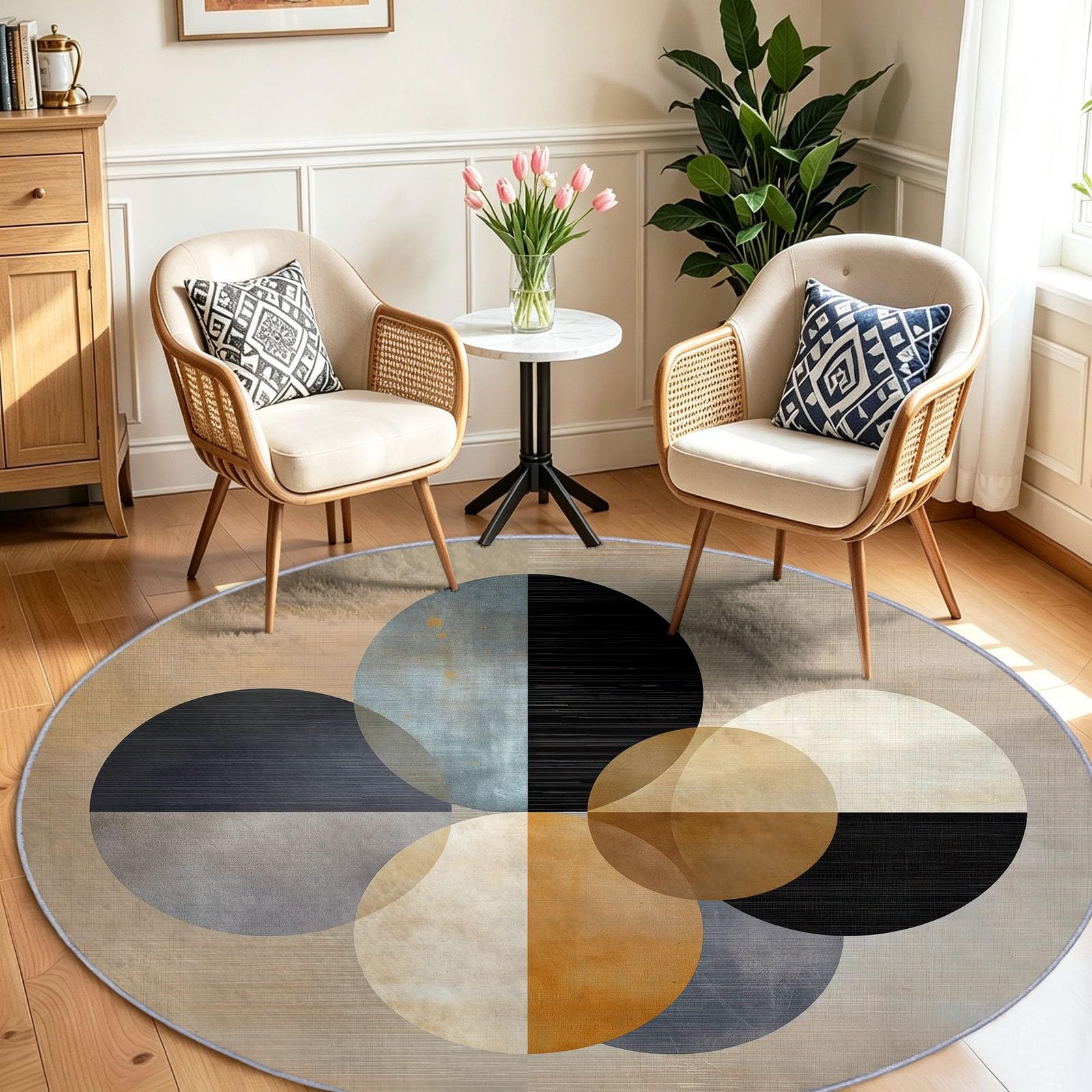 Tapis Enfant Rond Chambre d'enfant Filles Garçons, Geometrique Vintage Tapis Rond Lavable & Antidérapant pour Salon Chambre Cuisine Salle à Manger Chambre (160 cm, Lignes Circulaires)