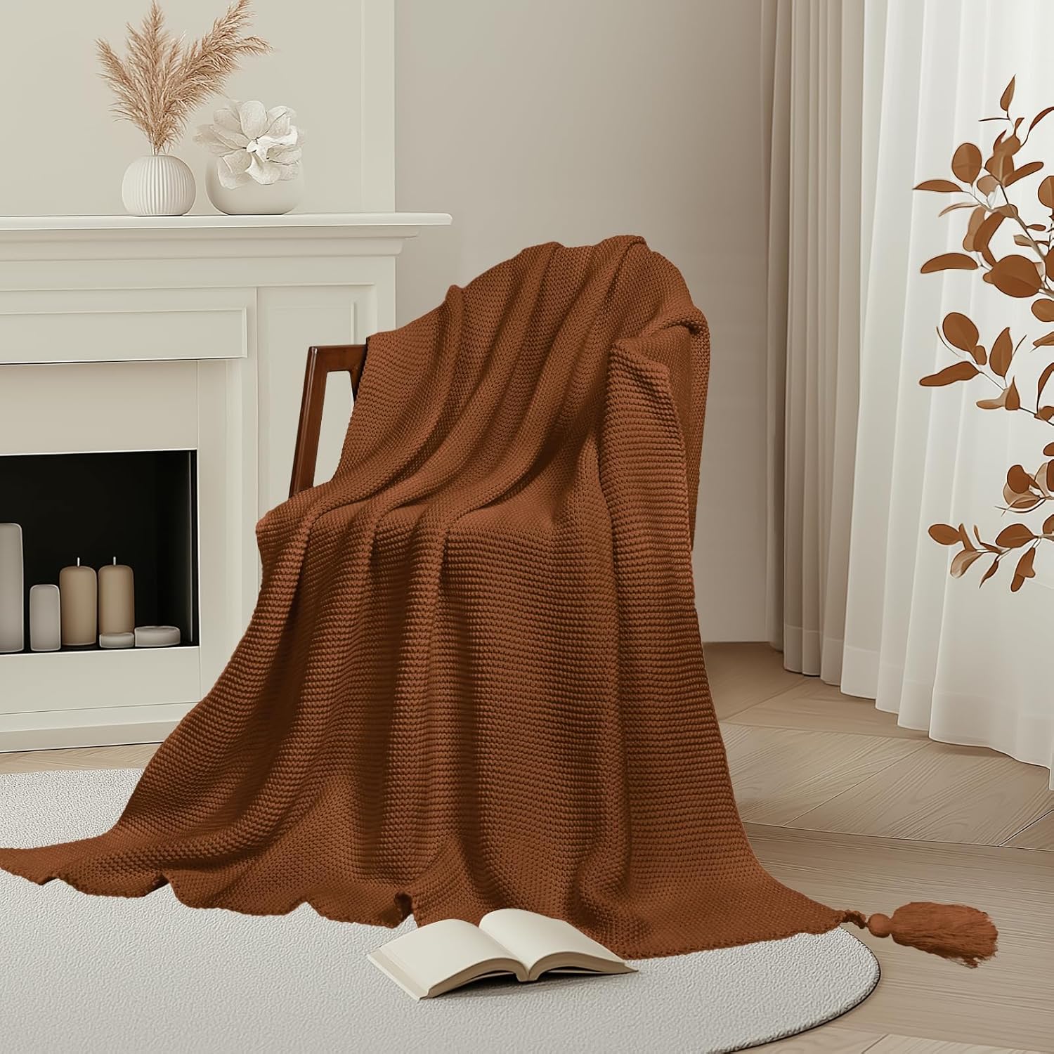 MACEVIA Throw Blanket Super Soft Cozy Fuzzy, Knitted Throw Blanket 50" x 60" for Couch Brown Blanket for Bed Sofa Chair Camping Travel (Brown)
