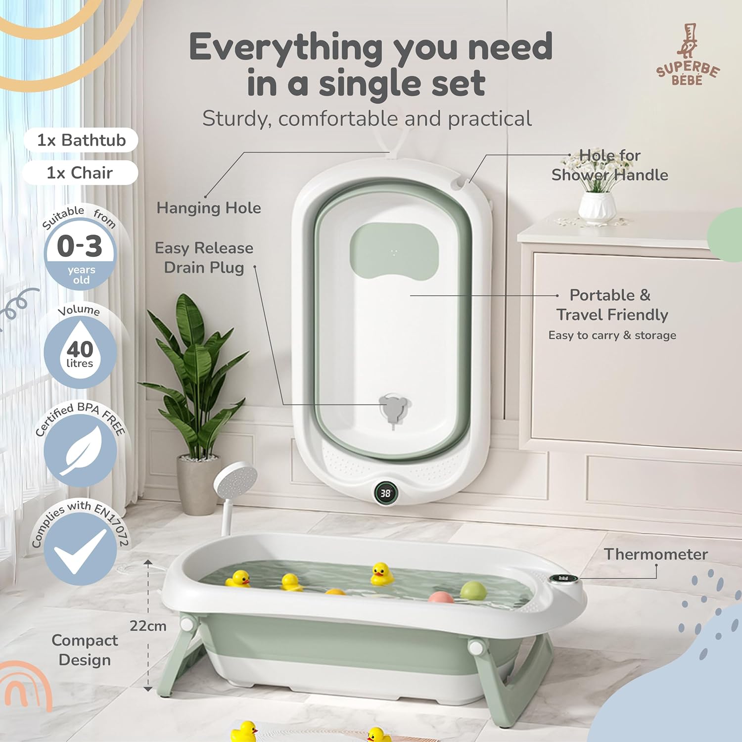 Foldable Baby Bath with Bath seat/Bath XXL with Thermometer to Control The Water temperature/3-level Bath - from Birth to 3 Years - Image 2