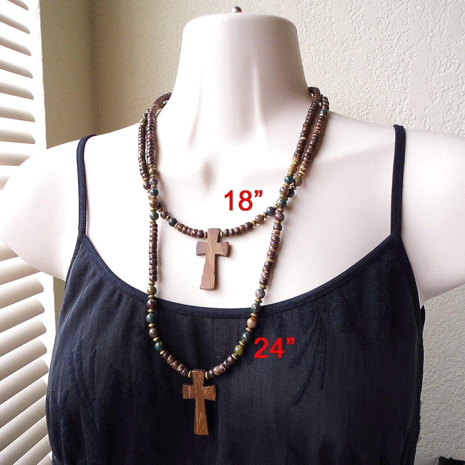 Mami's Gem Studio Wood Cross Pendant Coconut Palm Necklace with Multi-color Bloodstone - Men Women Unisex - Handmade