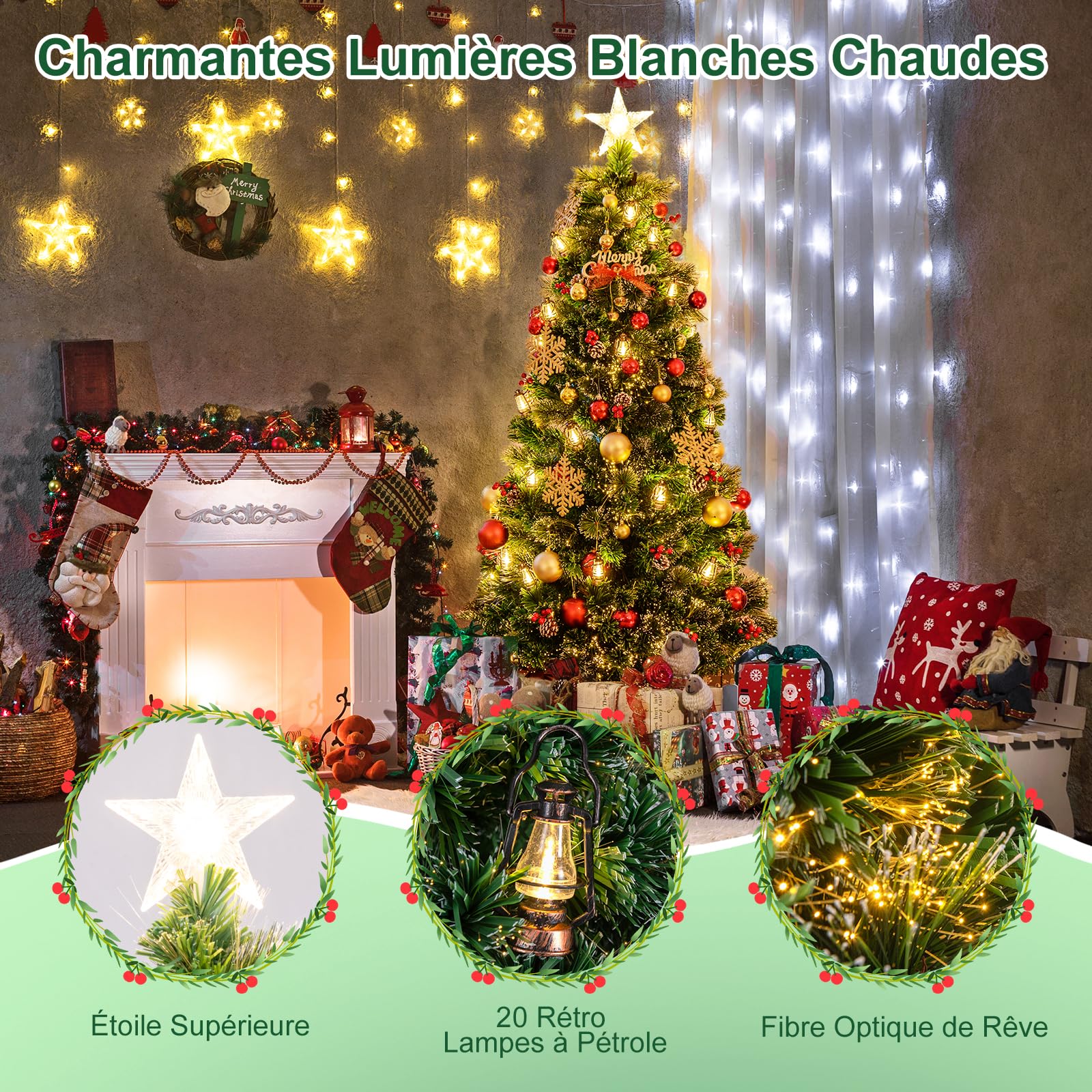 GYMAX Sapin de Noël Articiciel 150cm Lumineux, 49 Lumières LED, 8 Modes d'Éclairage, 2 Sections, Pommes de Pin Naturels et Baies Rouges,