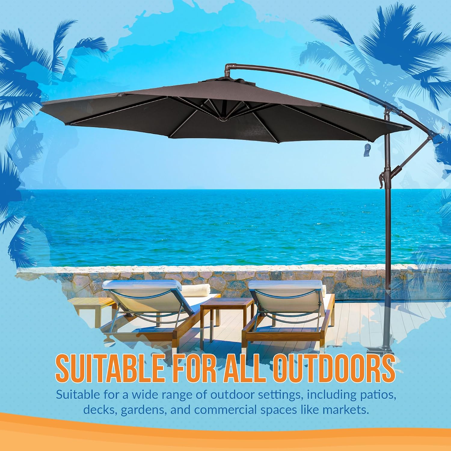 Blue Wave Island Umbrella Captiva 10ft Offset Patio Umbrella – Heavy-Duty Cantilever Outdoor Umbrella with Base and Offset Umbrella Frame - Market Umbrella with Black Breez-Tex Octagonal Canopy