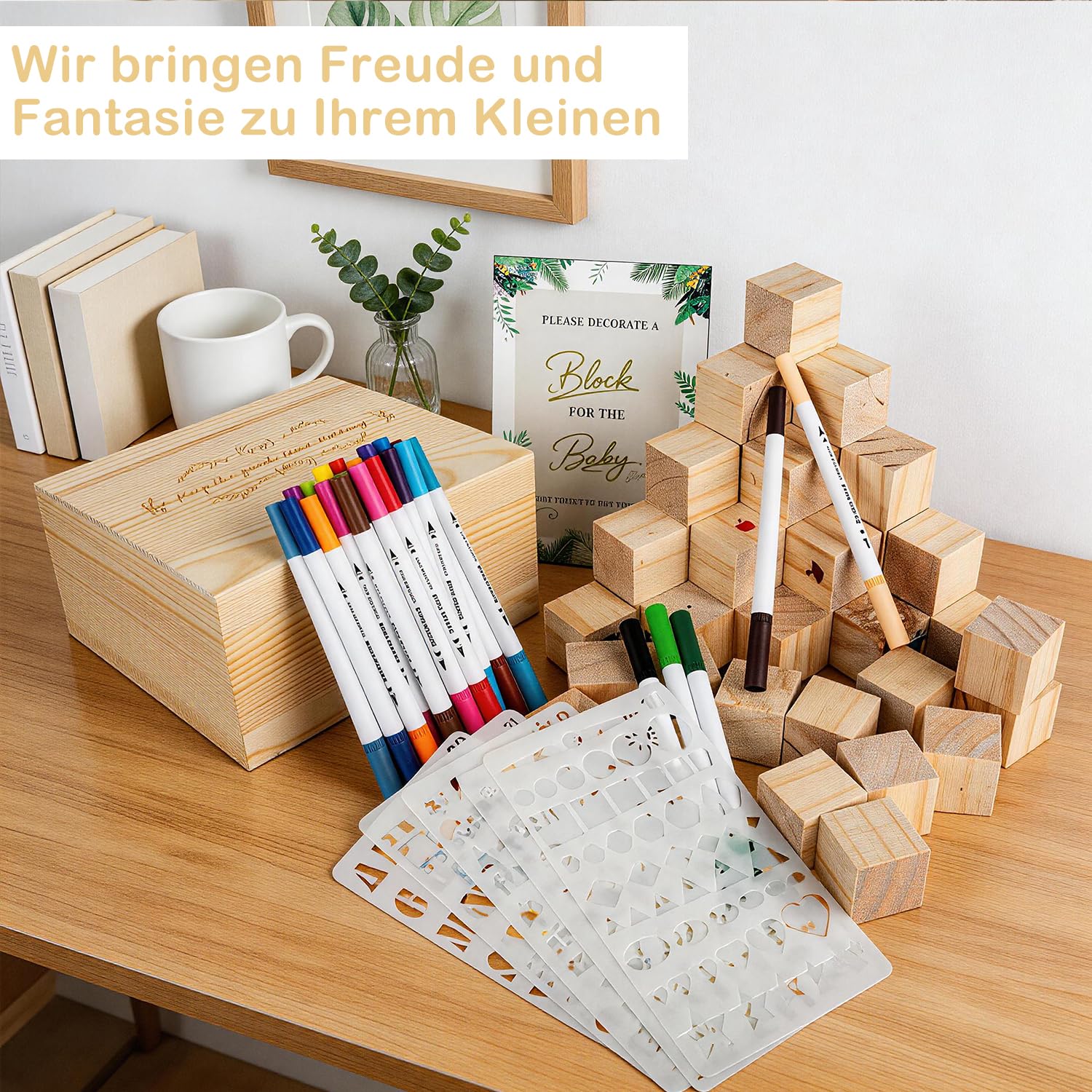 Babyparty Spiele –81 Stück Das Lustigste Kreative Gästebuch zum Bemalen – Baby Shower Aktivität mit Holzblöcken, Stiften & Schablonen – Geschenk-Idee für Junge, Mädchen
