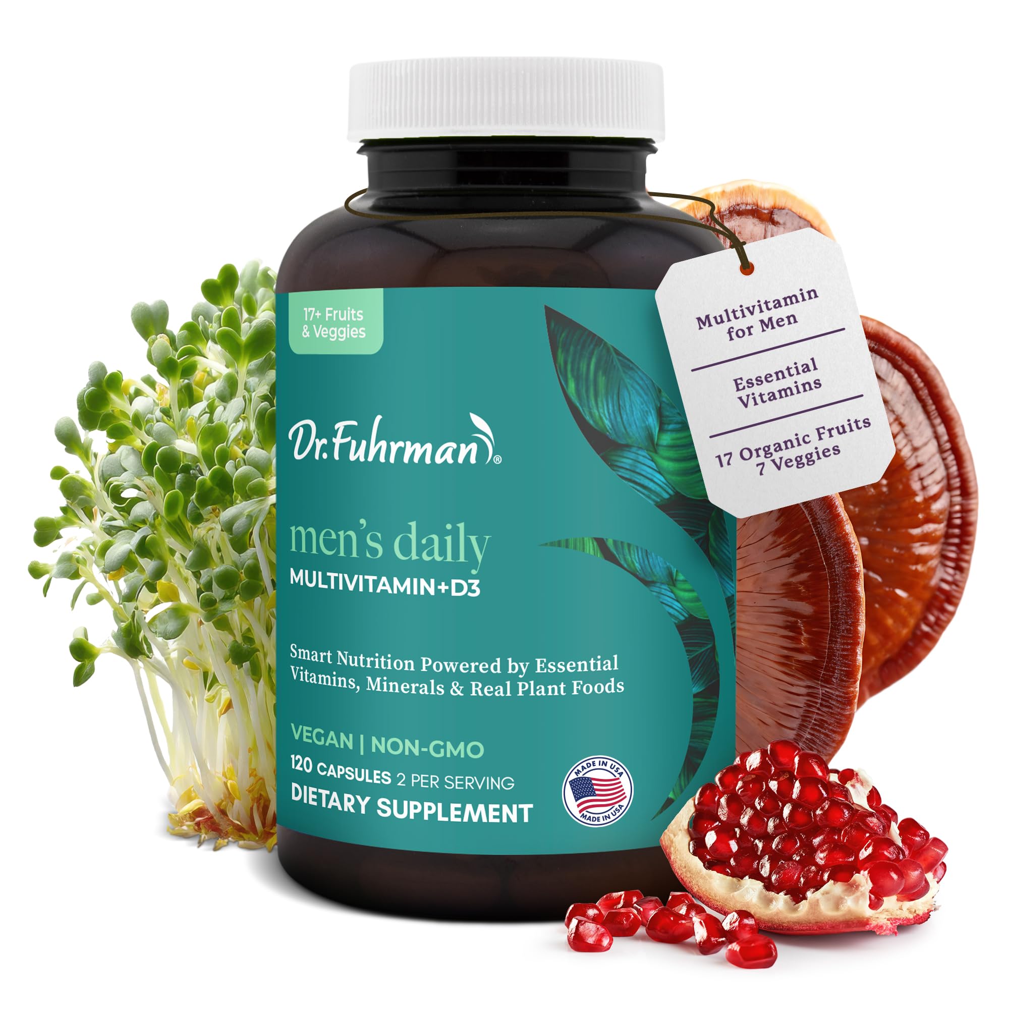 Dr. Fuhrman Multivitamin for Men + D3 Vitamin for Immune Support | Vegan Formula Men’s Multivitamin with B12 & Zinc | Whole Food multivitamin Packed with 17 Fruits & Veggies | Non GMO | 120 Capsule