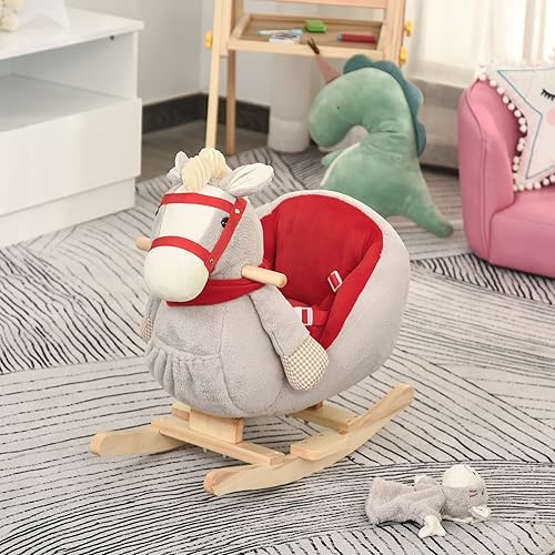 Miniatura 8 de Qaba Juguete de caballo mecedora para niños, balancín con canción de cuna, títeres de mano y tela de felpa suave para niños de 18 a 36 meses, gris