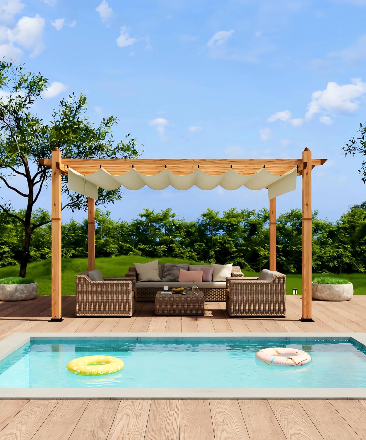 GarveeLife 10 x 13 ft Wood-Grain Aluminum Pergola Outdoor Pergola with Retractable Canopy Sun Shade Shelter for Garden, Patio, Backyard, Deck - Beige