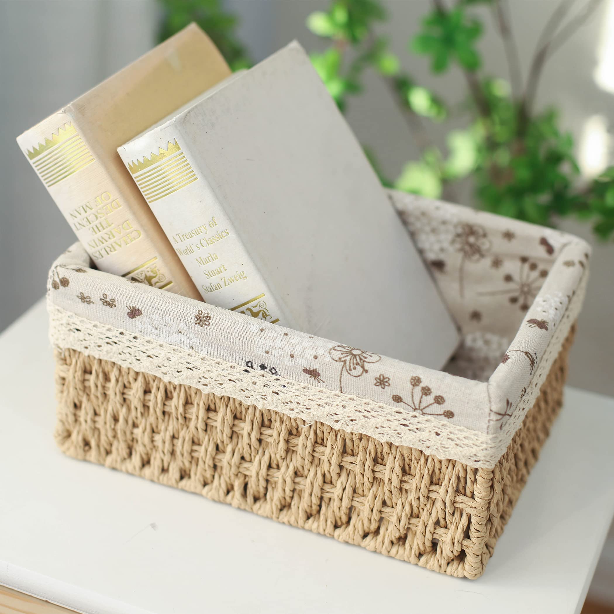 YRMT - Juego de 3 cestas de almacenamiento de cuerda de papel decorativo con forro, contenedores de almacenamiento rectangulares para maquillaje, baño, dormitorio, estantes organización, Home Deco