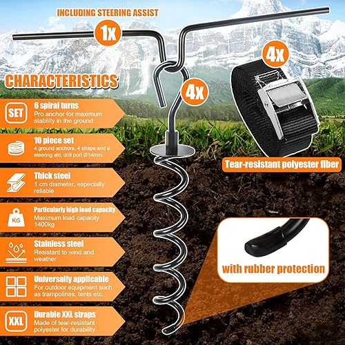 Miniatura 3 de Juego de 10 clavijas de anclaje de suelo para cama elástica de 16 pulgadas, anclajes de tierra en espiral de acero con 4 correas, adaptador de broca