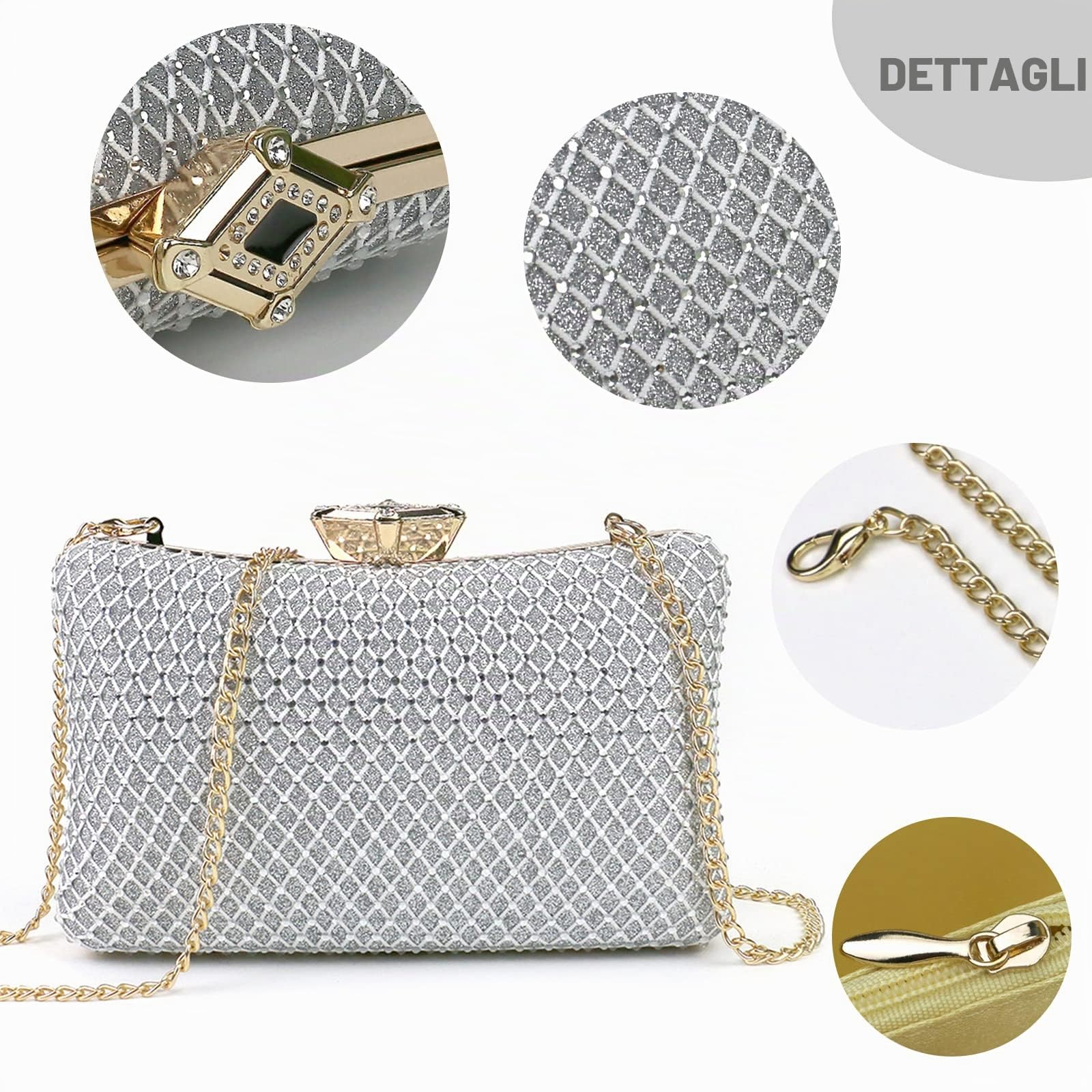 NICOLE & DORIS Pochette Donna Elegante da Cerimonia Borsa Moda da Matrimonio con Tracolla Catena per Feste Bling Oro