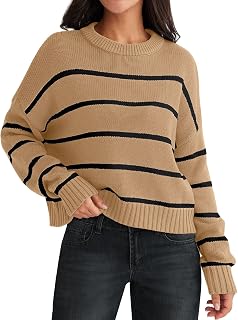 Womens Striped Sweater Pullover Crewneck Knit Long Sleeve Cable Knitted Sweaters