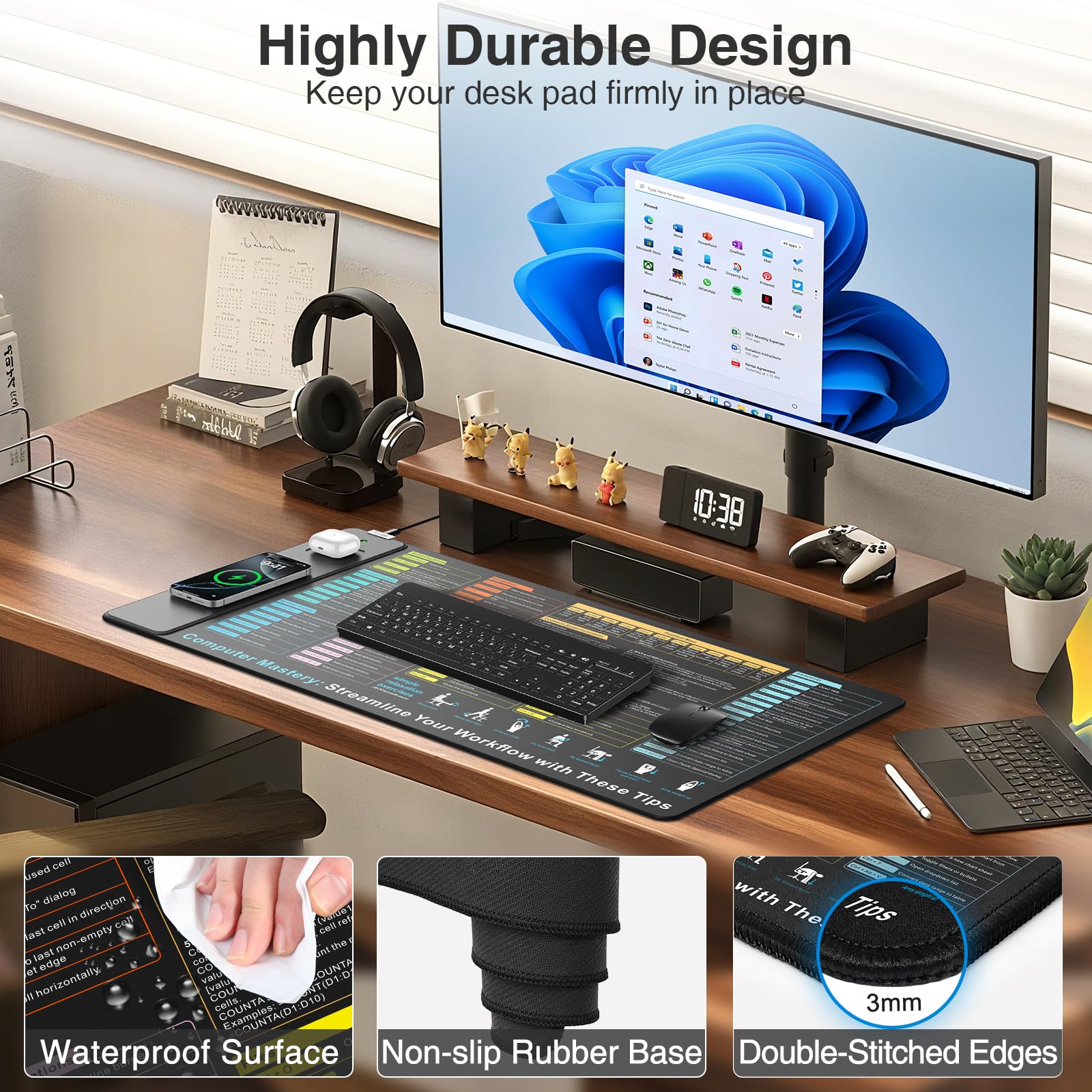 Mauspad mit Excel-Formel-Verknüpfungen, 80 x 40 cm, extra große Büro-Tabelle, Spickzettel, Schreibtischunterlage, wasserdicht, ultraglatte Oberfläche, rutschfeste Unterseite, mit 20 W PD-Adapter