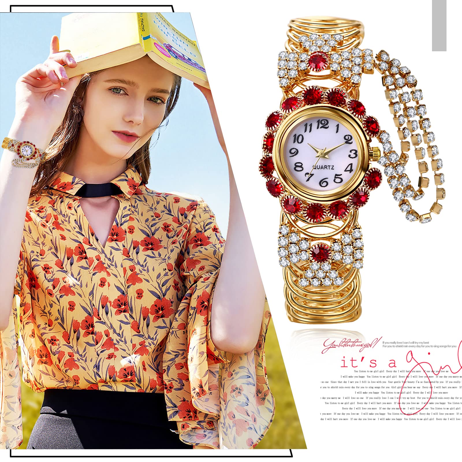 JewelryWe Iced-Out zegarki dla kobiet kolorowe stras złota bransoletka zegarek analogowy kwarcowy błyszczący codzienny zegarek do sukienki, na Dzień Matki