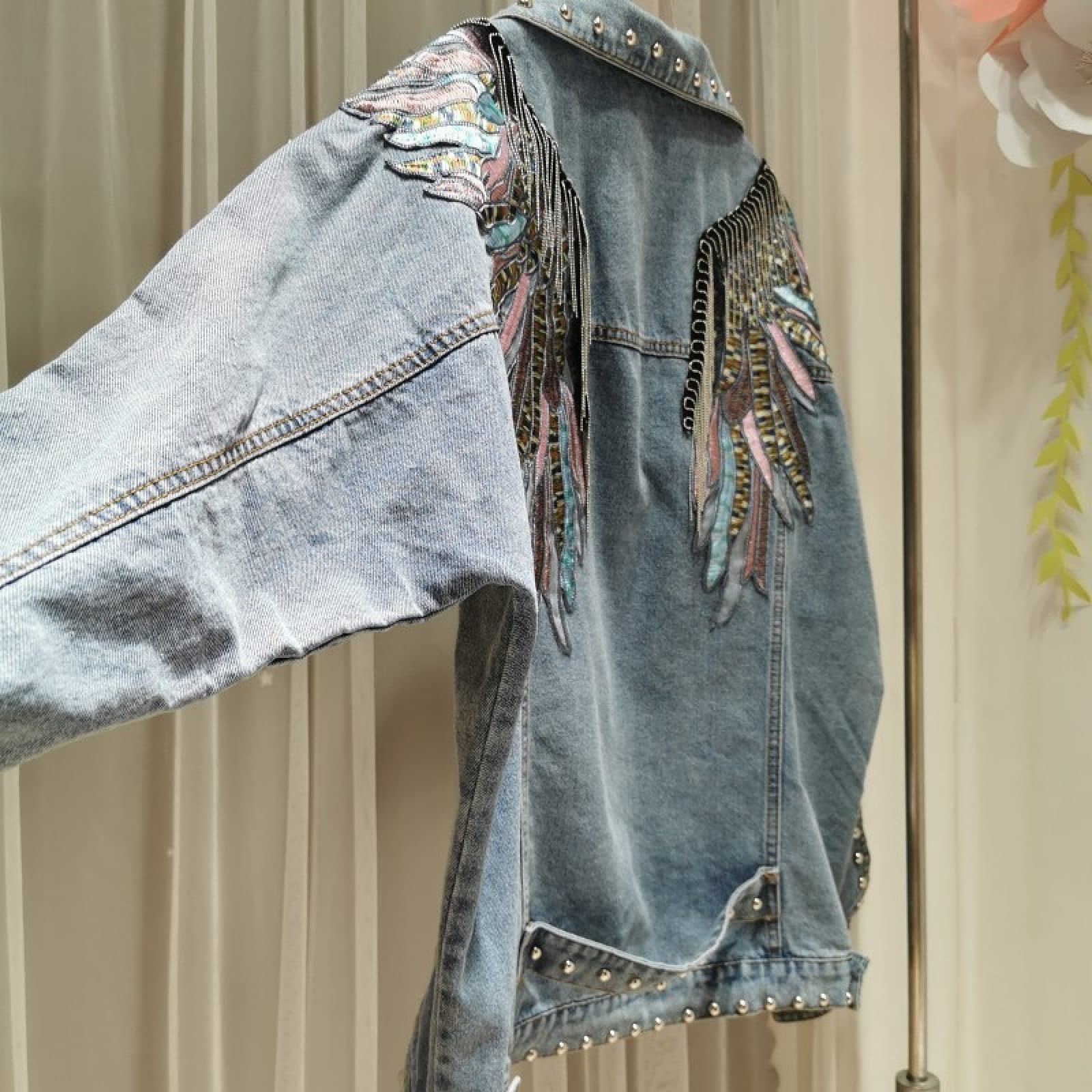 Chaqueta De Mezclilla Bordada para Mujer - Remaches De Borlas De Alas De Plumas Moda Streetwear Jeans Outwear, Estilo Étnico, Casual, Todo Fósforo, Manga Larga, Abrigo, Otoño Vaquero, Abrigo P