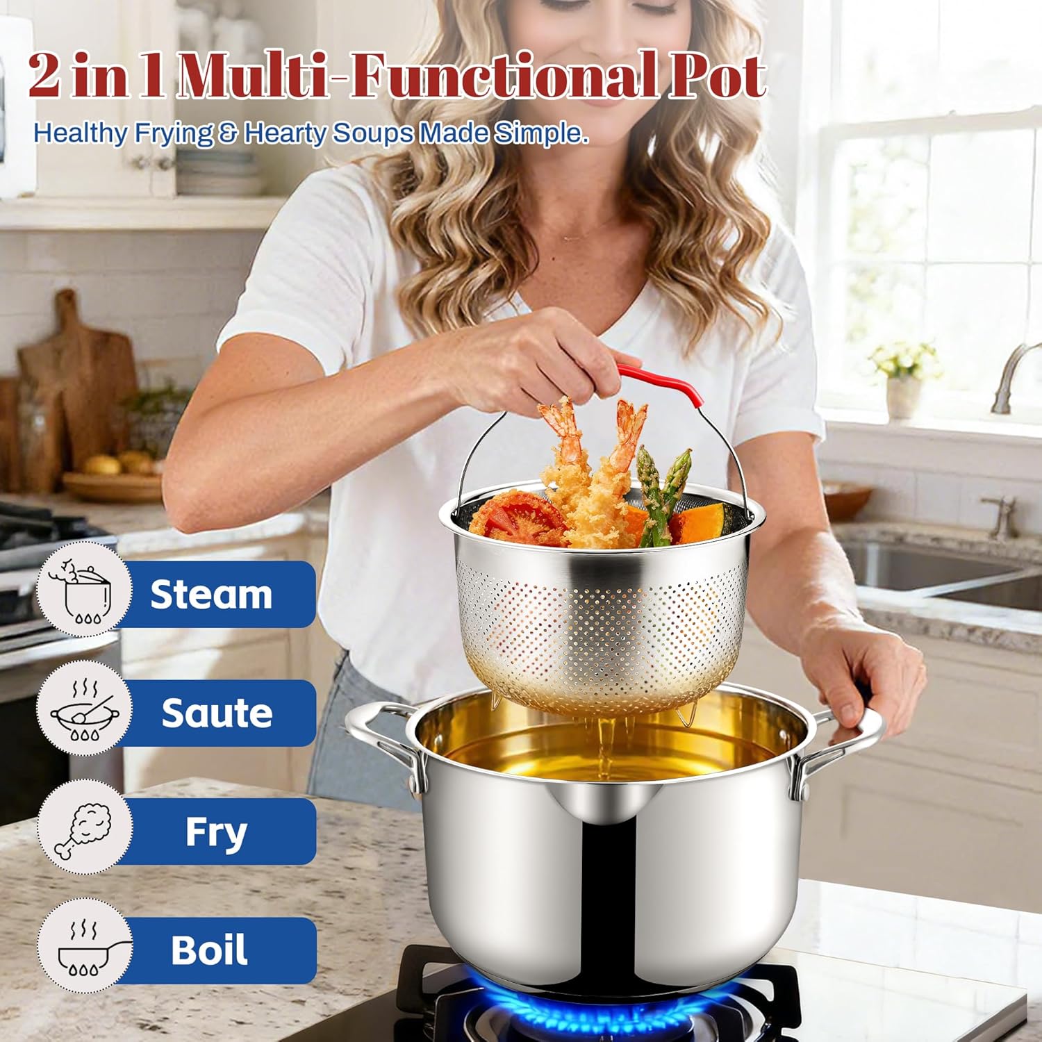 AOSION 6 Quart Stainless Steel Stock Pot with Deep Fryer Basket, 6QT Large Stockpot with Glass Strainer Lid,Ollas De Cocina for Spaghetti, Pasta Pot with Strainer,Compatible with All Cooktops.