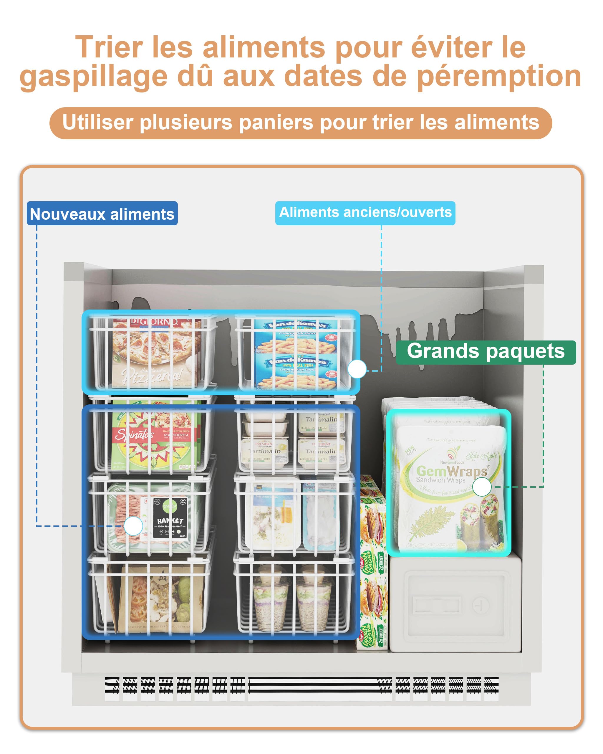 UMDONX 4 Pièces Paniers de CongéLateur Coffre - Poignée Empilable Paniers de congélation,accès facile, pour 198L congélateur,Organiser les ingrédients congelés (37x18x15cm)-Blanc