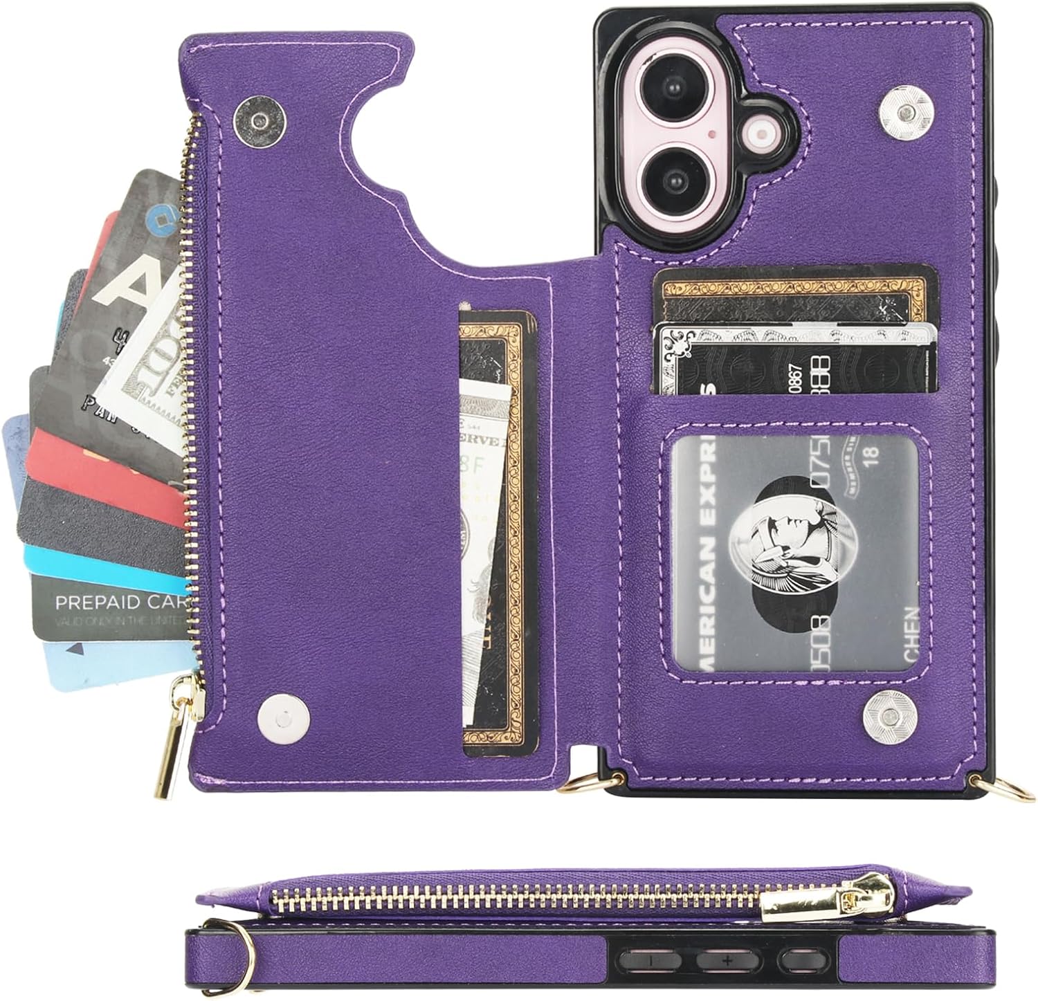 Bocasal Crossbody Wallet Case for iPhone 16 with RFID Blocking Card Slot Holder, Magnetic Flip Folio Purse Case, PU Leather Zipper Handbag with Detachable Lanyard Strap 6.1 Inch 5G (Purple)