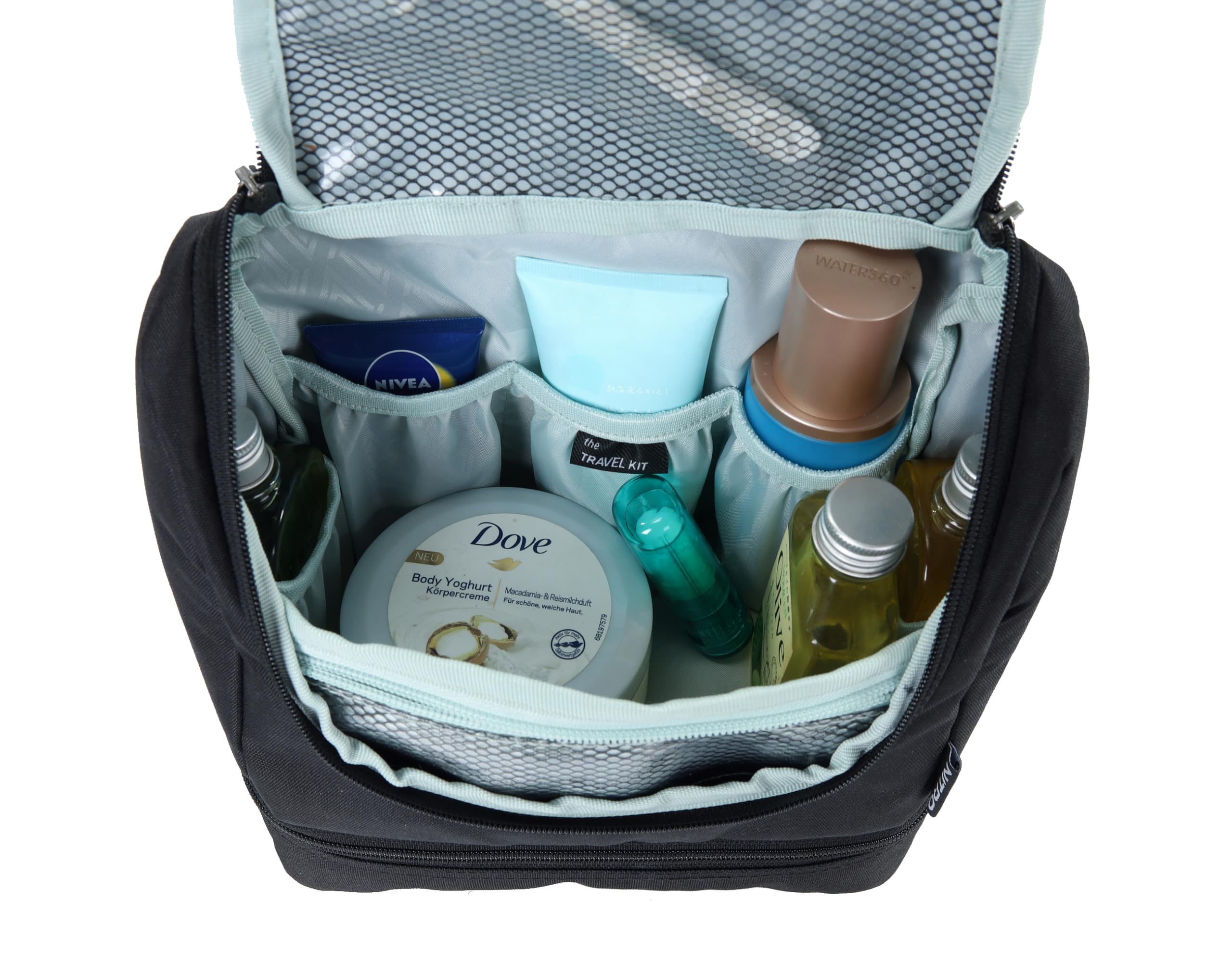 Travel Kit - Bolsa de Aseo con Compartimento Inferior para Colgar, con Muchos Compartimentos de Almacenamiento, 25 x 24 x 11 cm, Negro auténtico, 25x24x11 cm, Kit de Viaje