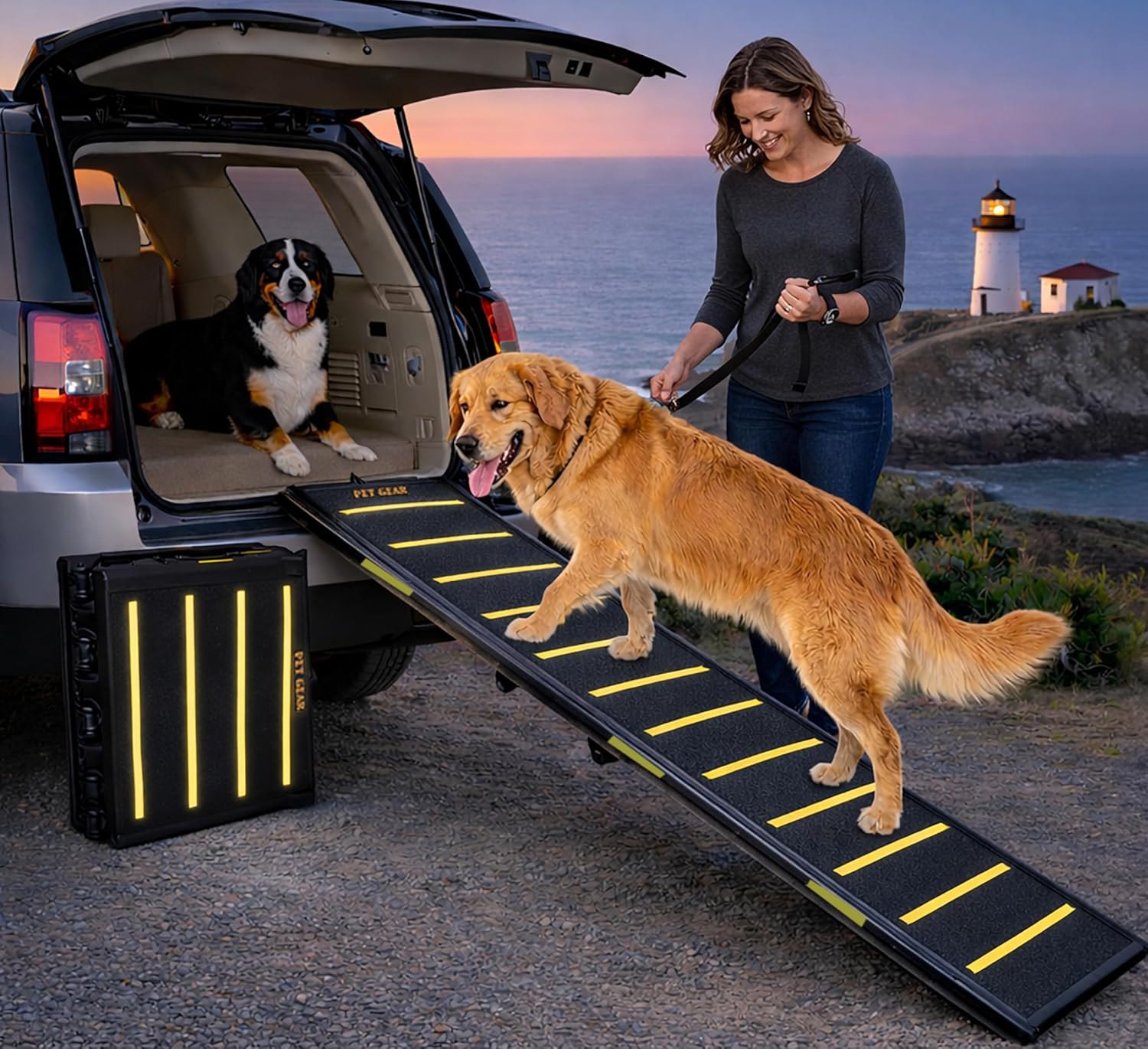 Pet Gear Tri-Fold Portable Pet Ramp for Dogs and Cats, 71" Long, Extra Wide, Holds up to 200lbs, Patented Design, Compact/Easy Fold with Safety Tether, Titanium