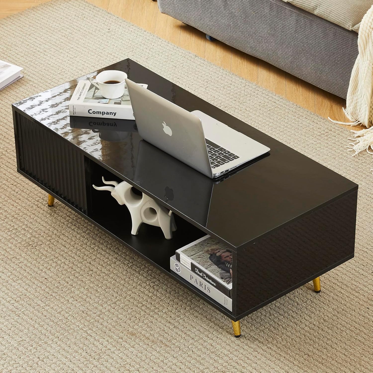 COSVALVE 41.3IN LED Black Coffee Tables for Living Room with 16 Colors LED Lights, Modern Minimalist Coffee Table with Fluted Panel, Rectangle Center Table Game Table