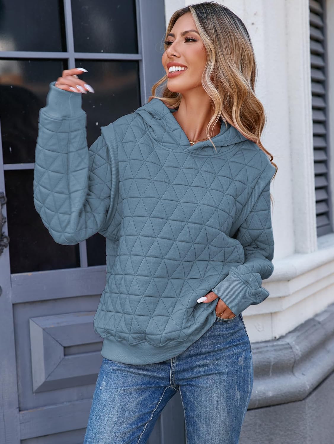 Famulily Women's Fashion Quilted Hoodies Textured Sweatshirt Casual Long Sleeve Chunky Warm Hooded Pullover Winter Clothing - Image 5
