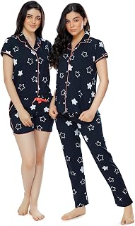 Women's Cotton 3Pc'S Heart Printed Night Suit Pajama Set 5357