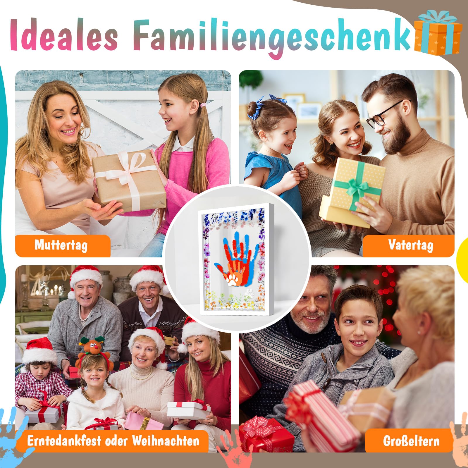Handabdruck Set Familie für 4 Personen mit 12 Acrylfarbe, DIY Baby Handabdruck und Fußabdruck Set mit Sticker Blumen, Geschenke für Werdende Väter Mütter Baby Shower Taufe