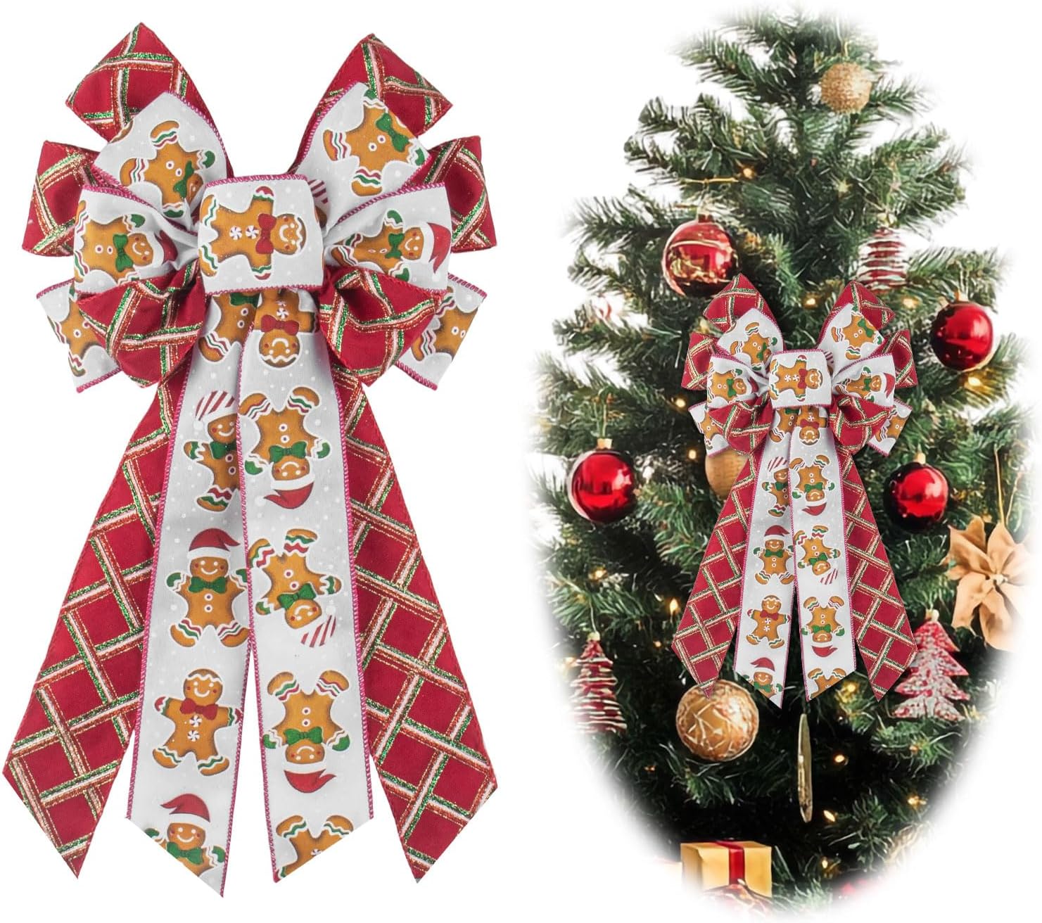 Large Christmas Wreath Bow Decor Bows Red Plaid Snow and Gingerbread Cookies Burlap for Wreath, Christmas Tree Topper for New Year Home Indoor Outdoor Decoration Ornament Supplies