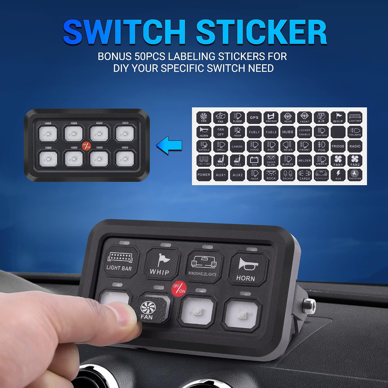 MICTUNING Universal 8 Gang Switch Panel Kit, Automatic Dimmable Momentary Push Button Switch Touch Screen Circuit Control Box with Label Stickers for Car Truck Pickup Boat ATV UTV SUV, 2-Year Warranty