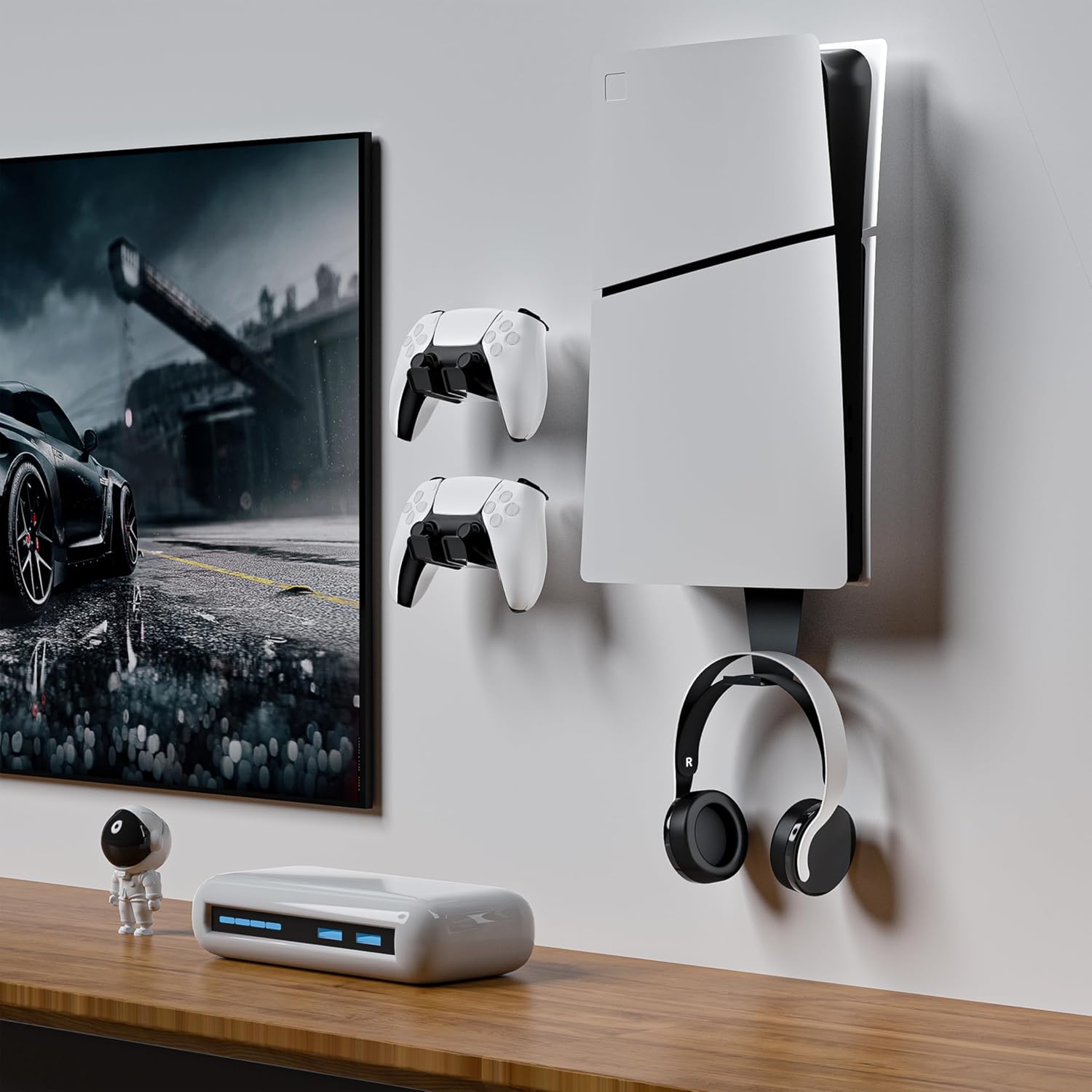 PS5 Console Holder Wall Mount Kit, Heavy-Duty Steel Bracket for PS5/PS5 Slim/PS5 Pro(Digital and Disc), +1Controller Headphone Stand (Black)