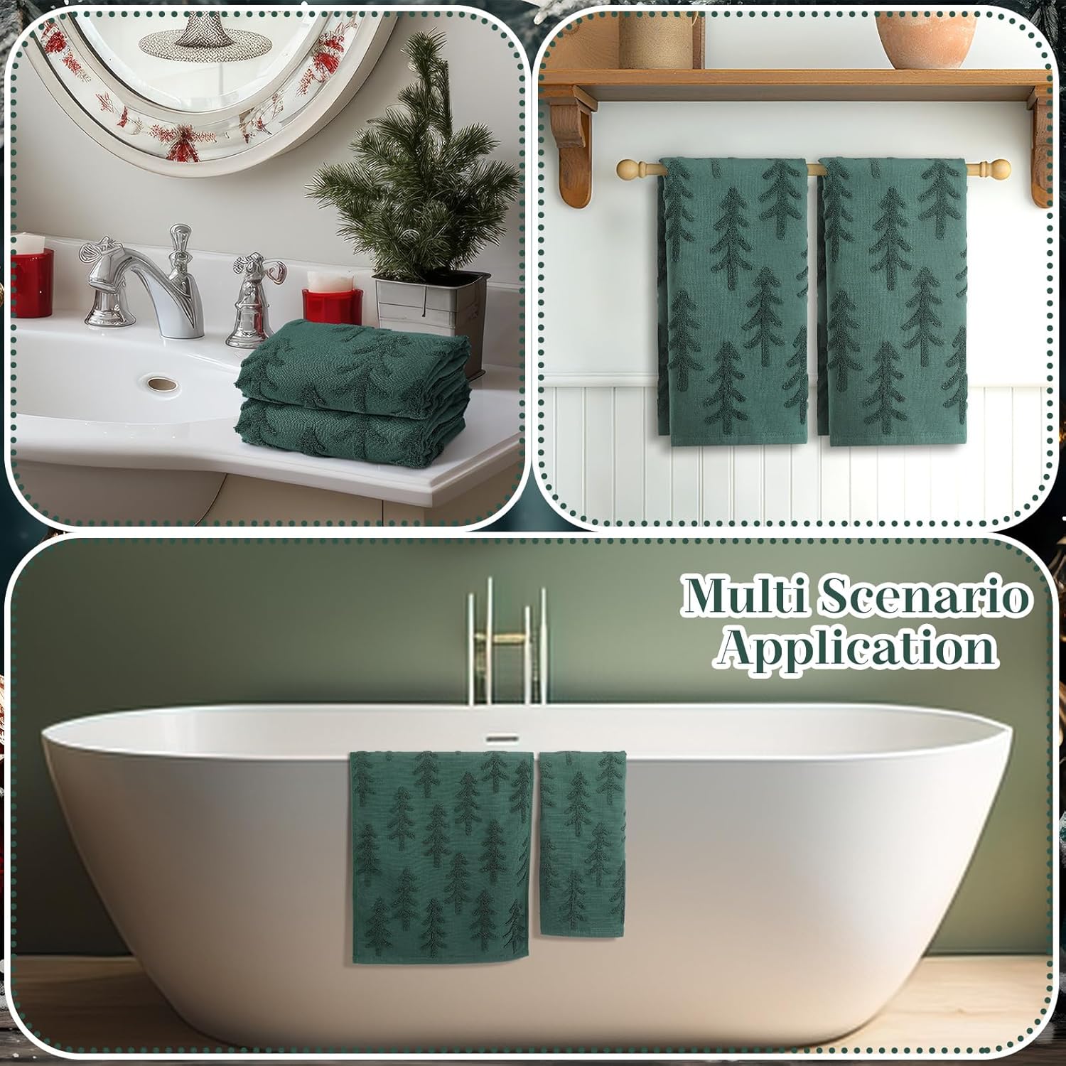 Breling 2 Pcs Minimalist Christmas Hand Towels Green Christmas Trees Bathroom Decorative Towels 100% Cotton Absorbent Jacquard Weave Bath Decor Winter Holiday Bathroom Decor Xmas Gifts 13.7''x29.5'' - Image 6