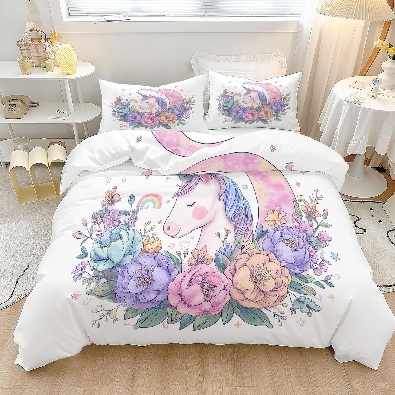 Duvet Cover for Kids Watercolor Moon Flowers Unicorn Quilt Cover Sets Reversible Soft Breathable Bedspread Cover Room Decor, Pink Bedding Set 3Pcs Zipper Closure Boys Girls Teens (Queen Size 90"x90")