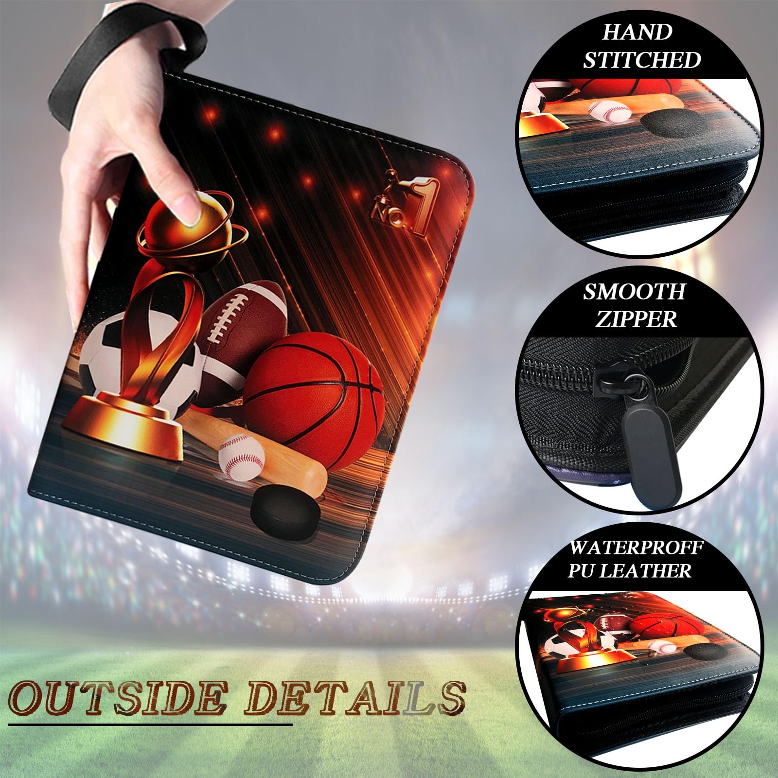 Carpeta de tarjetas deportivas de 400 bolsillos con 50 fundas para 400 tarjetas deportivas, carpeta con cremallera para tarjetas deportivas, para fútbol, fútbol, béisbol, baloncesto, hockey, colección