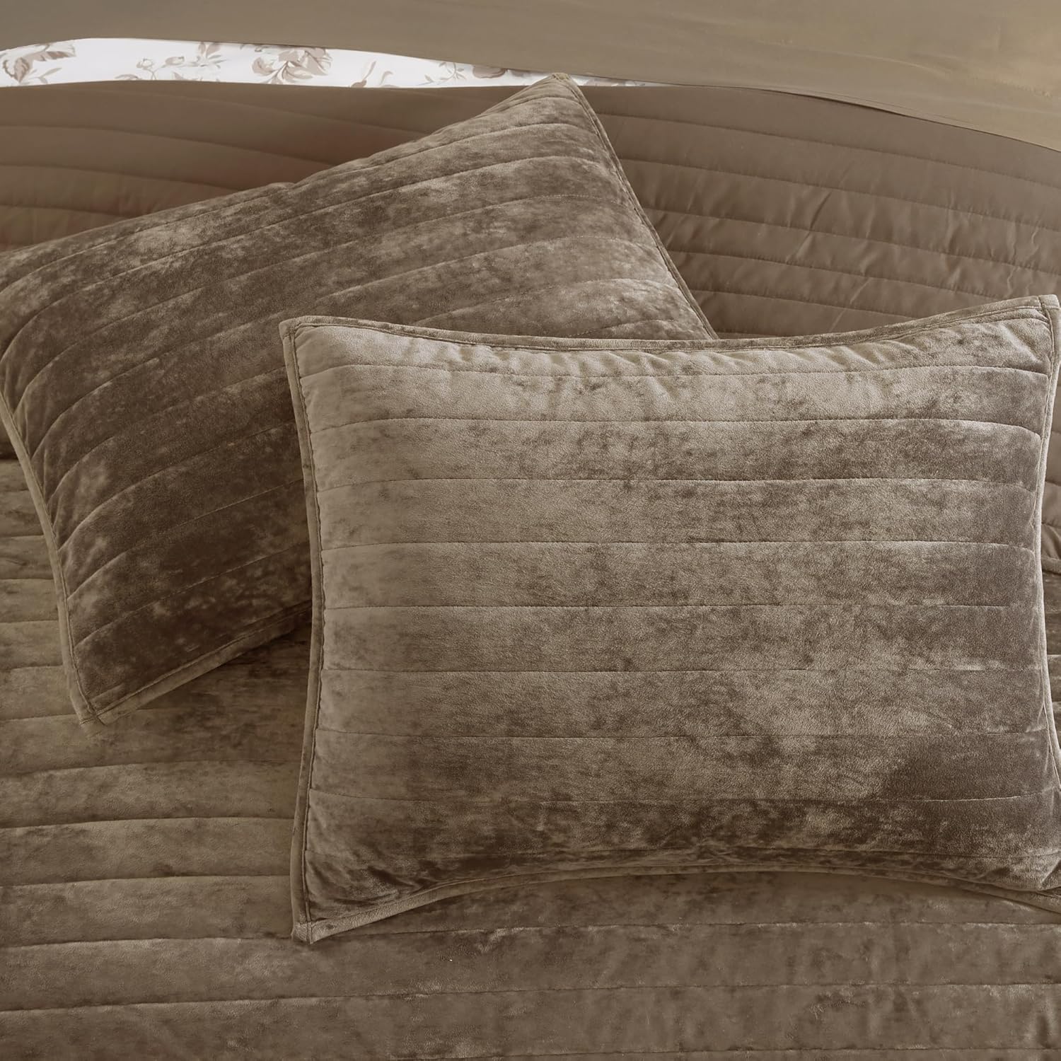 WRENSONGE Velvet Queen Quilt Set-3 Pieces Taupe Oatmeal Luxurious Velvet Striped Channel Comforter with 2 Shams, Soft Bedspread Coverlet Quilted Bedding Set for All Season - Image 8