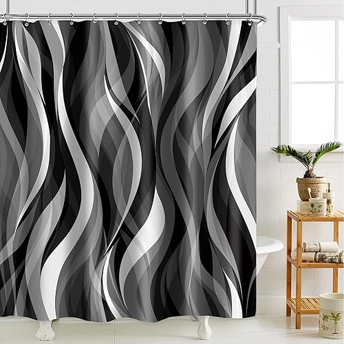 Riyidecor Cortina de ducha abstracta en blanco y negro de 60 pulgadas de ancho x 72 pulgadas de alto, a rayas, minimalista, estética, moderna,