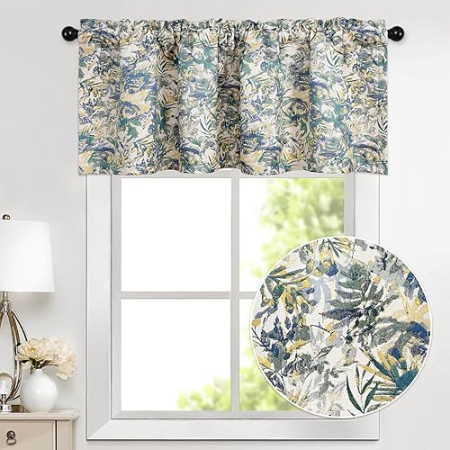 Miniatura 2 de VOGOL Cenefas con patrón de hojas para ventanas, cortinas ligeras de estilo rústico de 52 x 18 pulgadas para sala de estar, cortinas de cenefa de