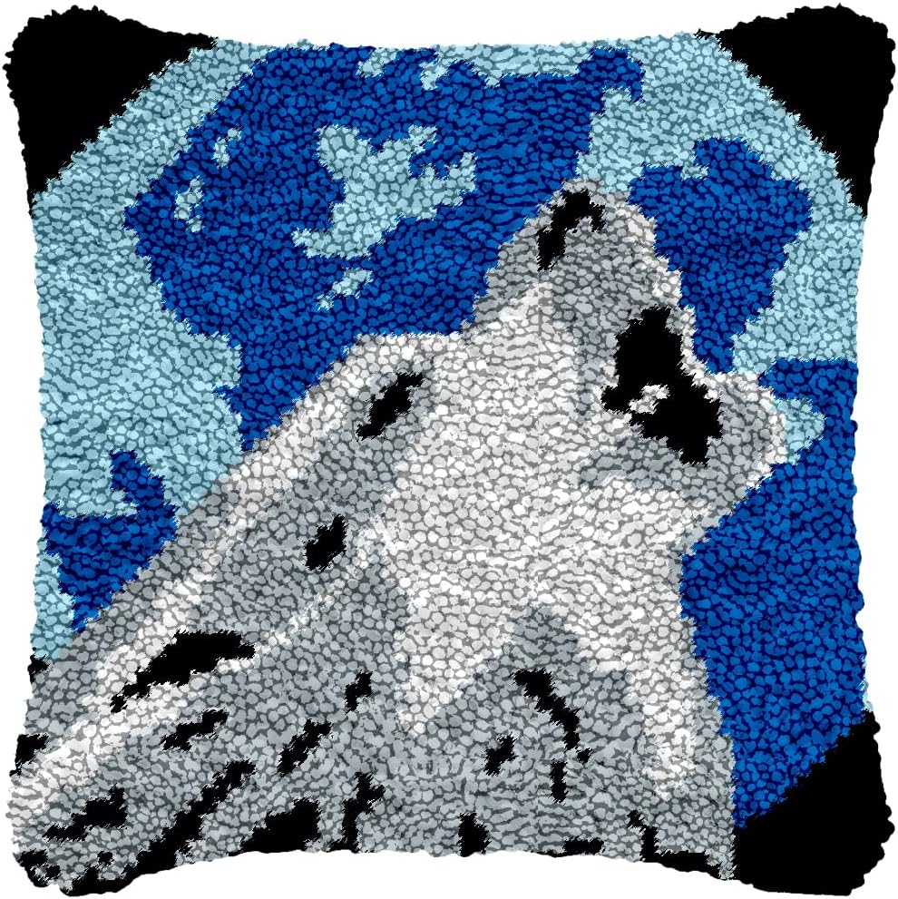 Yglnden Latch Hook Kit Pillow DIY Throw Cover Crochet Needlework Printed Canvas Decor for Adults (Wolf:43x43cm/17 X17)