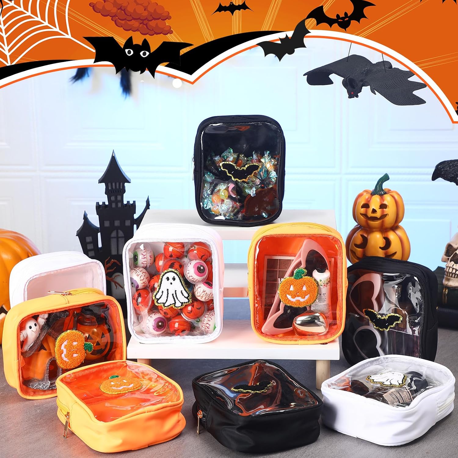 9pcs Halloween Makeup Bag with Pumpkin Ghost Bat Chenille Patches