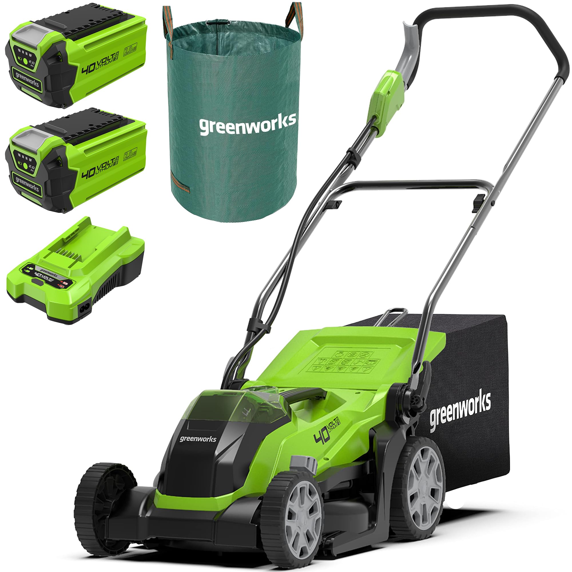 Greenworks 40V Cordless Lawnmower for Lawns up to 400m², 35cm Cutting Width, 40L Bag PLUS Two 40V 2Ah Batteries & One Charger, 3 Year Guarantee-G40LM35K2X, Green — view 18