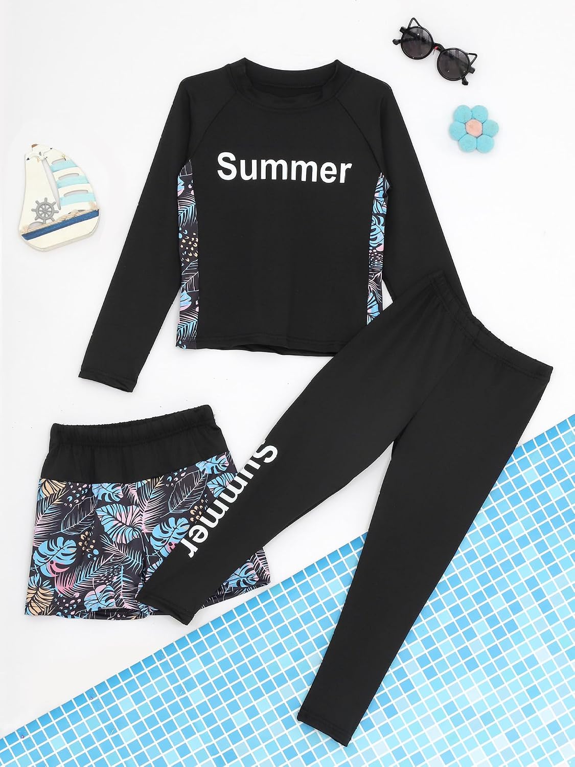 Girls Boys Swimsuit Long Sleeve Swim Top with Swim Shorts Swim Pants Set Beachwear Bathing Suit