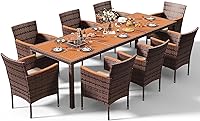 Vista 17 de Devoko Muebles de comedor de 7 piezas, juego de conversación de patio con mesa de madera de acacia, para exteriores, cojín beige y ratán negro
