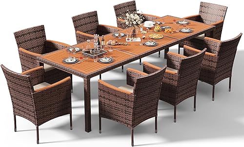 Miniatura 17 de Devoko Muebles de comedor de 7 piezas, juego de conversación de patio con mesa de madera de acacia, para exteriores, cojín beige y ratán negro Negro