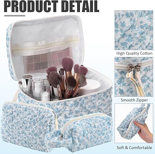 Miniatura 3 de Paterr Juego de 3 bolsas de maquillaje acolchadas de algodón, bolsa de cosméticos de coqueta, bolsa de viaje para artículos de tocador, bolsa linda