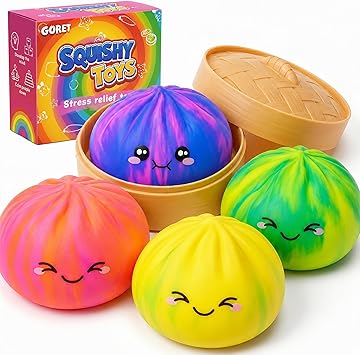 4 Pack Dumpling Squishy,Kawaii Dumplings Squishies Bao Bun Fidget Toyswith Steamer Baskets,Soft Squeeze Stress Relief Sensory Toys for Kids Adults,Rainbow Party Bag Fillers 4 Pack Rainbow