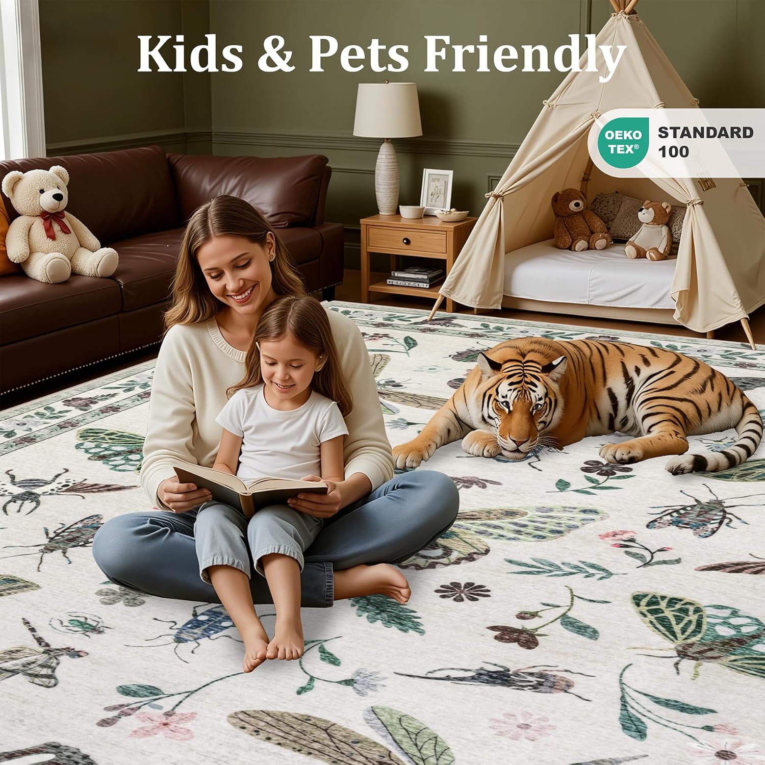 8x10 Area Rugs Living Room Rug: Vintage Washable Rug Floral Soft Carpet Indoor Floor Non-Slip Boho Stain Resistant Large Carpets for Bedroom Kids Nursery Dining Room Farmhouse Home Office Beige - Image 7