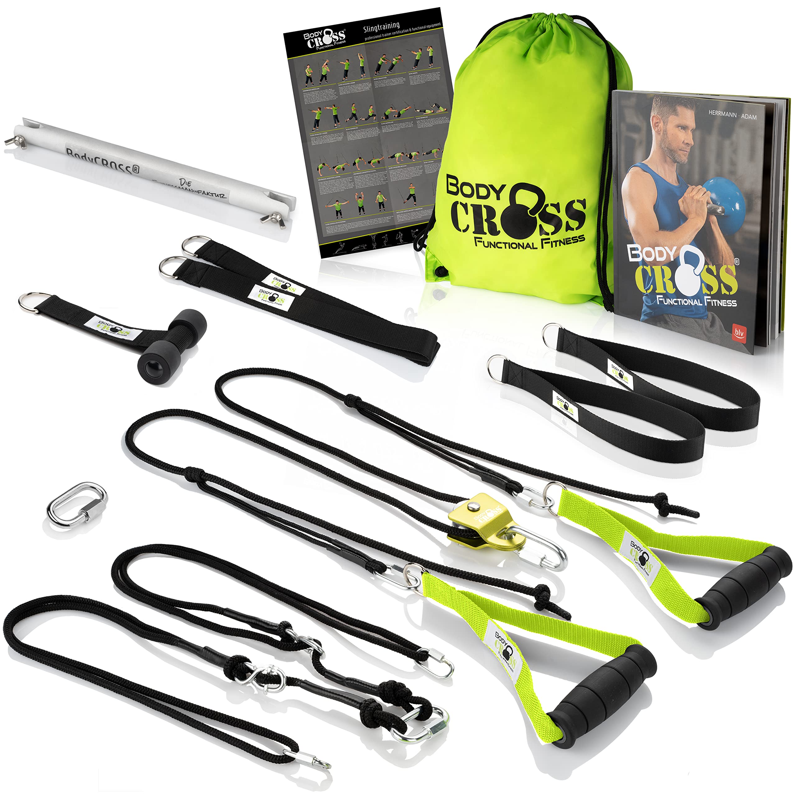 PREMIUM Schlingentrainer Komplett Set, Made in Germany, geprüft & zertifiziert, 2 Slingtrainer im Krafttraining Set mit Umlenkrolle, Türanker, Befestigung für zuhause und outdoor, 10 Jahre Garantie