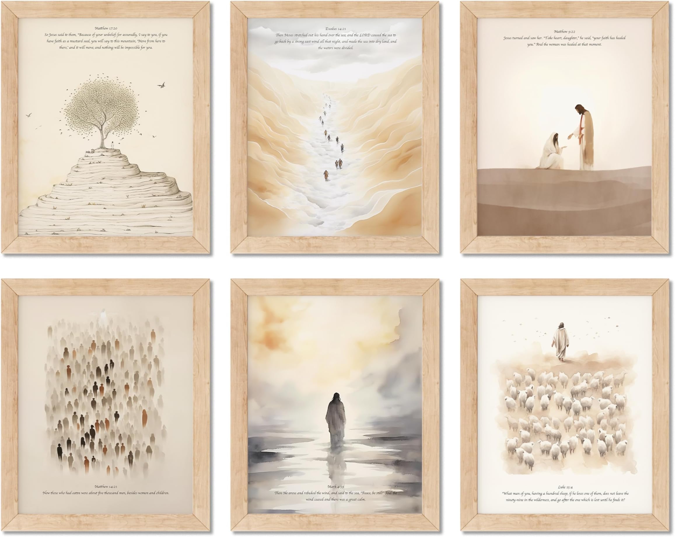 TwoDays Christian Wall Art, Bible Verses Wall Decor, Scripture Classroom Painting, Jesus Poster, Bible Story Artwork for Home. (8" X 10", Set of 6, UNFRAMED)