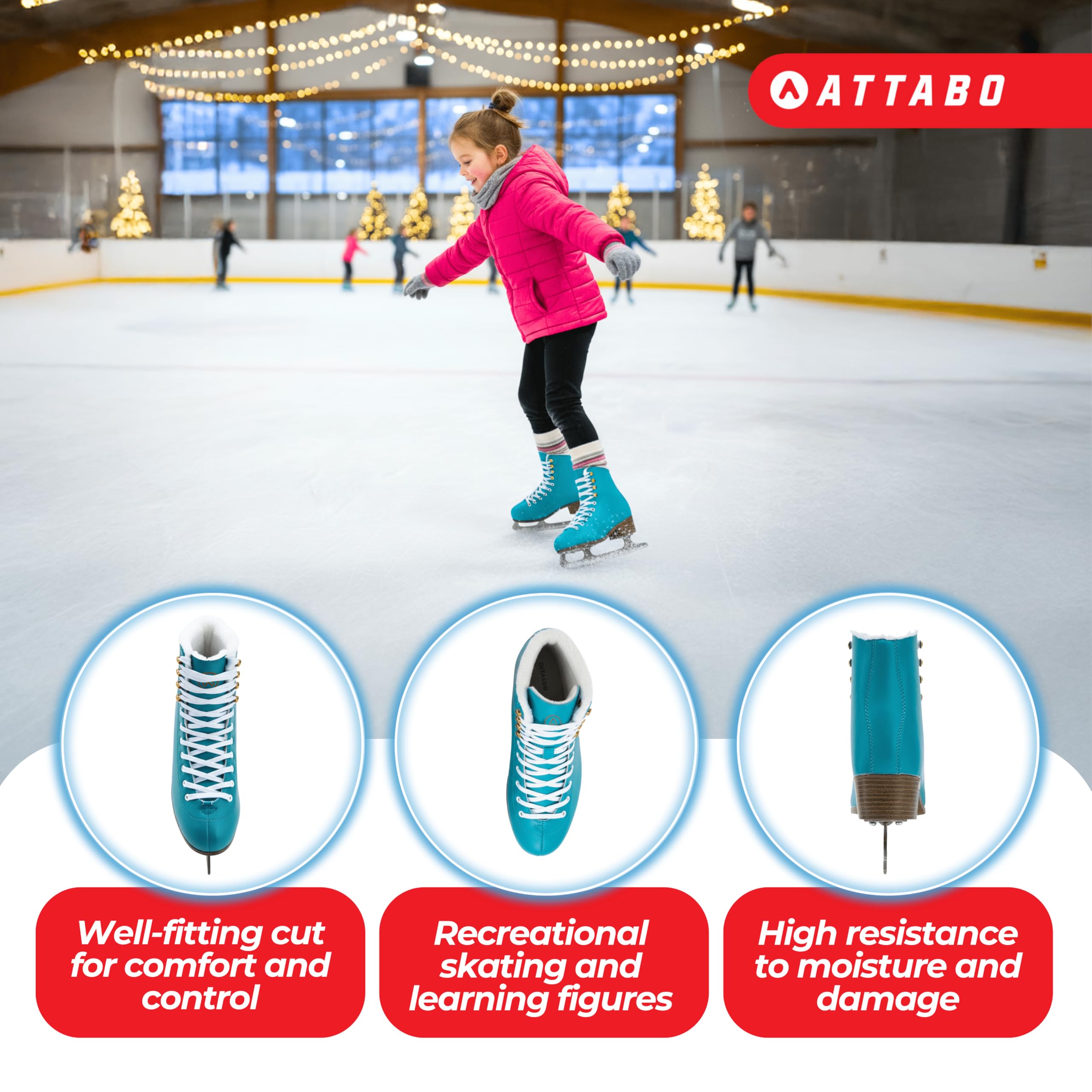 ATTABO ISLA Patins à glace artistiques pour enfants | Dessus en plastique PVC | Support de cheville renforcé | Patins en acier inoxydable | Design classique pour les jeunes patineurs (31)